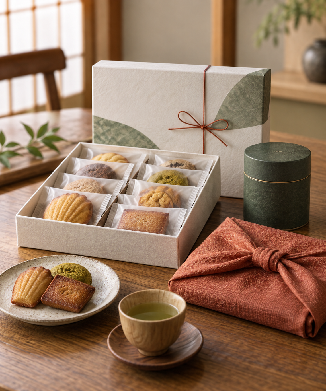 包装された焼き菓子とお茶を木の盆に整えた手土産